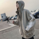 smyeon グレー フルジップ パーカー　韓国 セール】秋服 韓国風 オーバーサイズ 薄手ライトスウェット